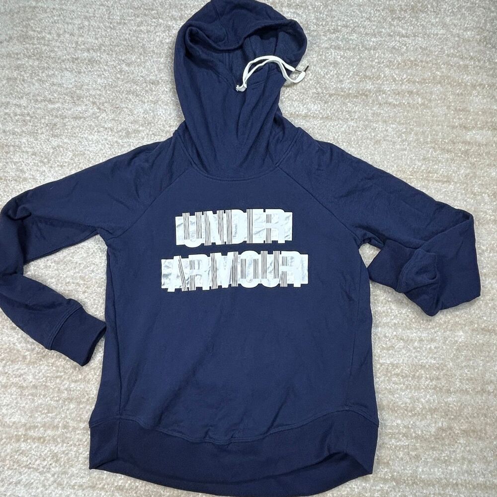 Under Armour Hoodie Womens XS Navy Loose Fleece Pullover Logo Drawstring Sport